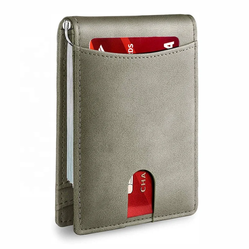 Grey Vegan Leather Minimalist Ultra Thin Brushed Dollar Clip Wallet RFID Blocking Slim Man Money Clip Wallet