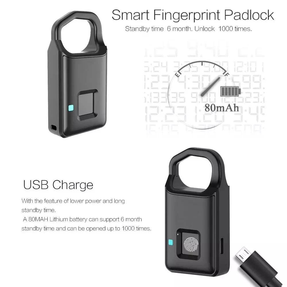 P4 mini smart finger print padlock waterproof IP67 USB charger fingerprint door lock