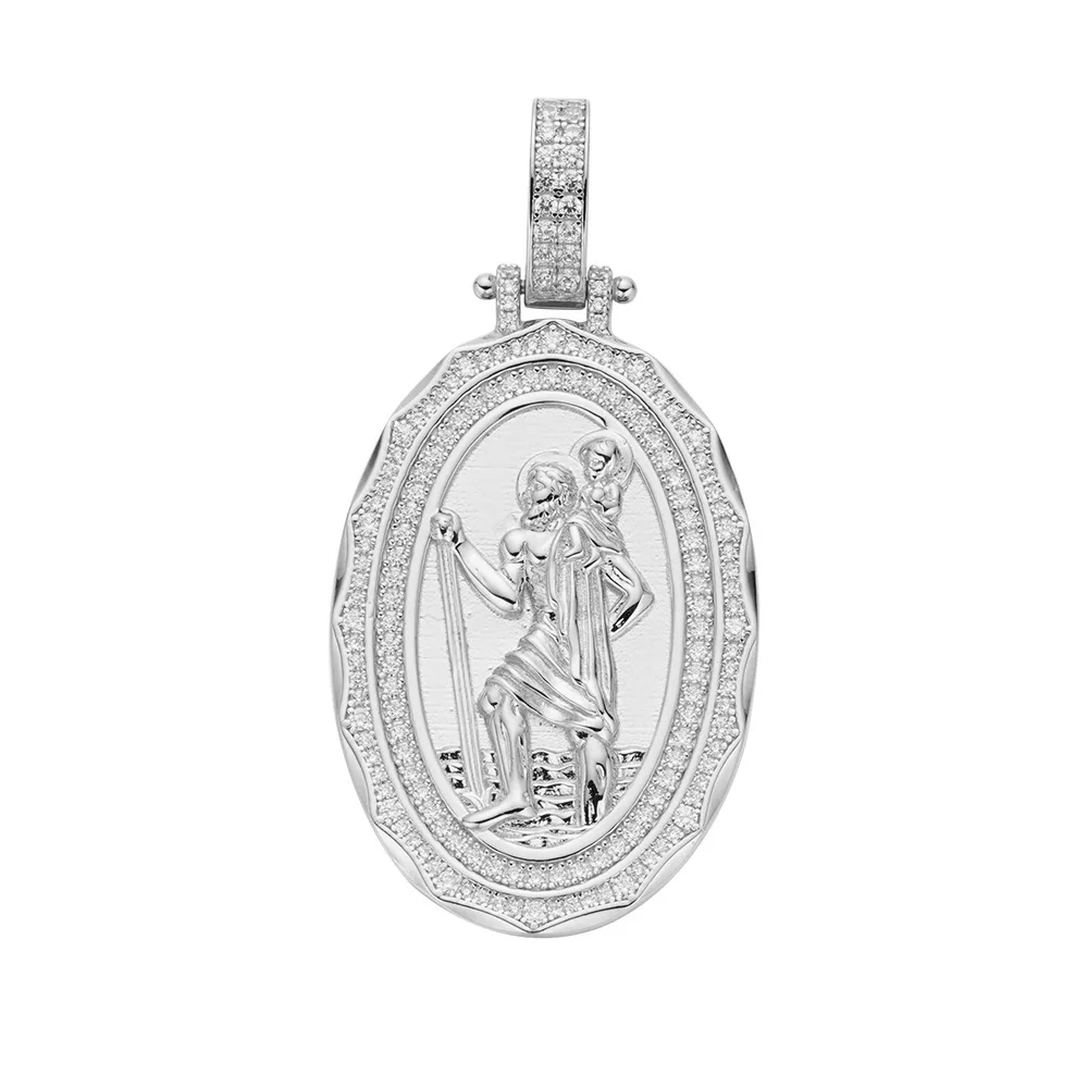High Quality Religion Vintage Christopher Gold Plated Icy Baguette Zircon Medallion Oval Bezel 925 Silver Christopher Pendant