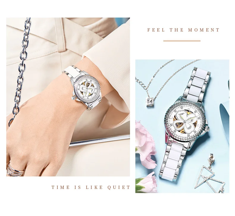 GUANQIN Brand Custom Logo Beautiful Design of Women  Ceramic Strap Automatic Mechanical Smart Watch