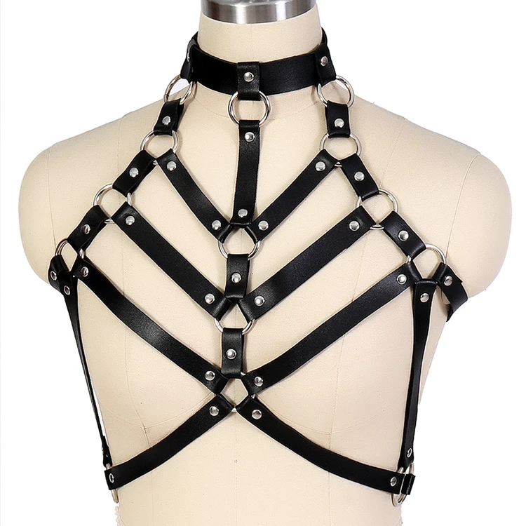 Women  Punk  Goth Leather Harness Chest Bondage Cage Bra Sexy Top Body Exotic Wear Plus Size Pole Dance Pastel  Festiva Rave