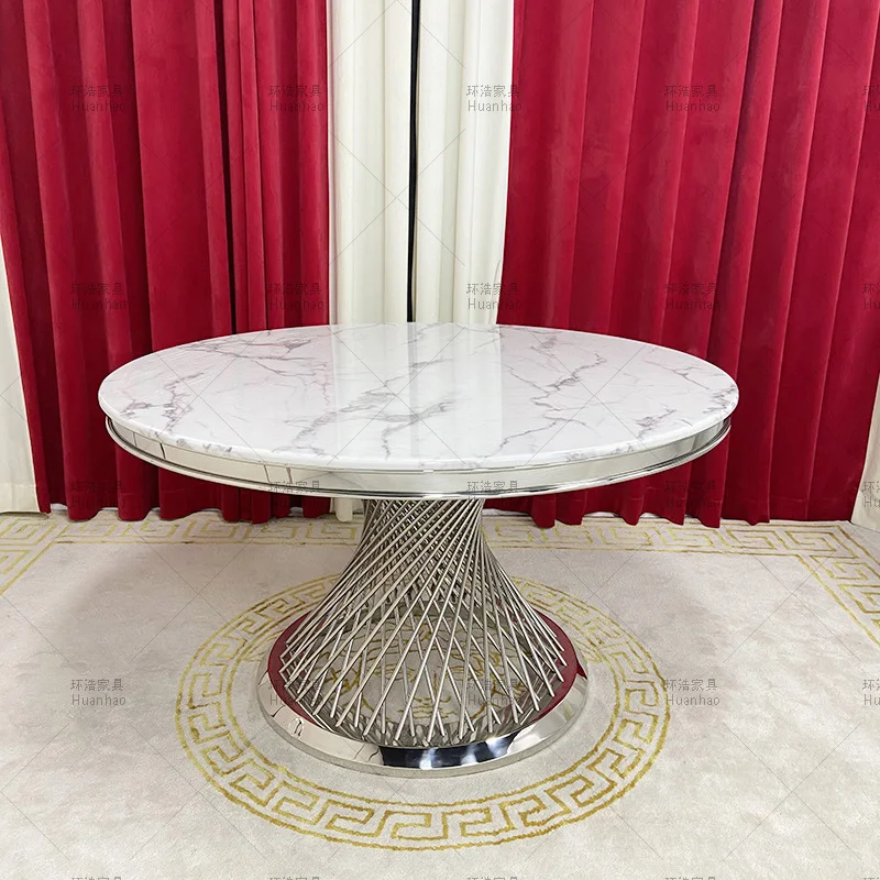 Modern luxury Italy wholesale high quality factory direct dining room silver marble top round 6 8  seater dining tables sets