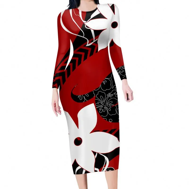 2021 Custom Hawaiian Lily Flower Hibiscus Purple Pattern Sexy Dress Women Long Sleeve O Neck Knee-length Elegant Summer Casual