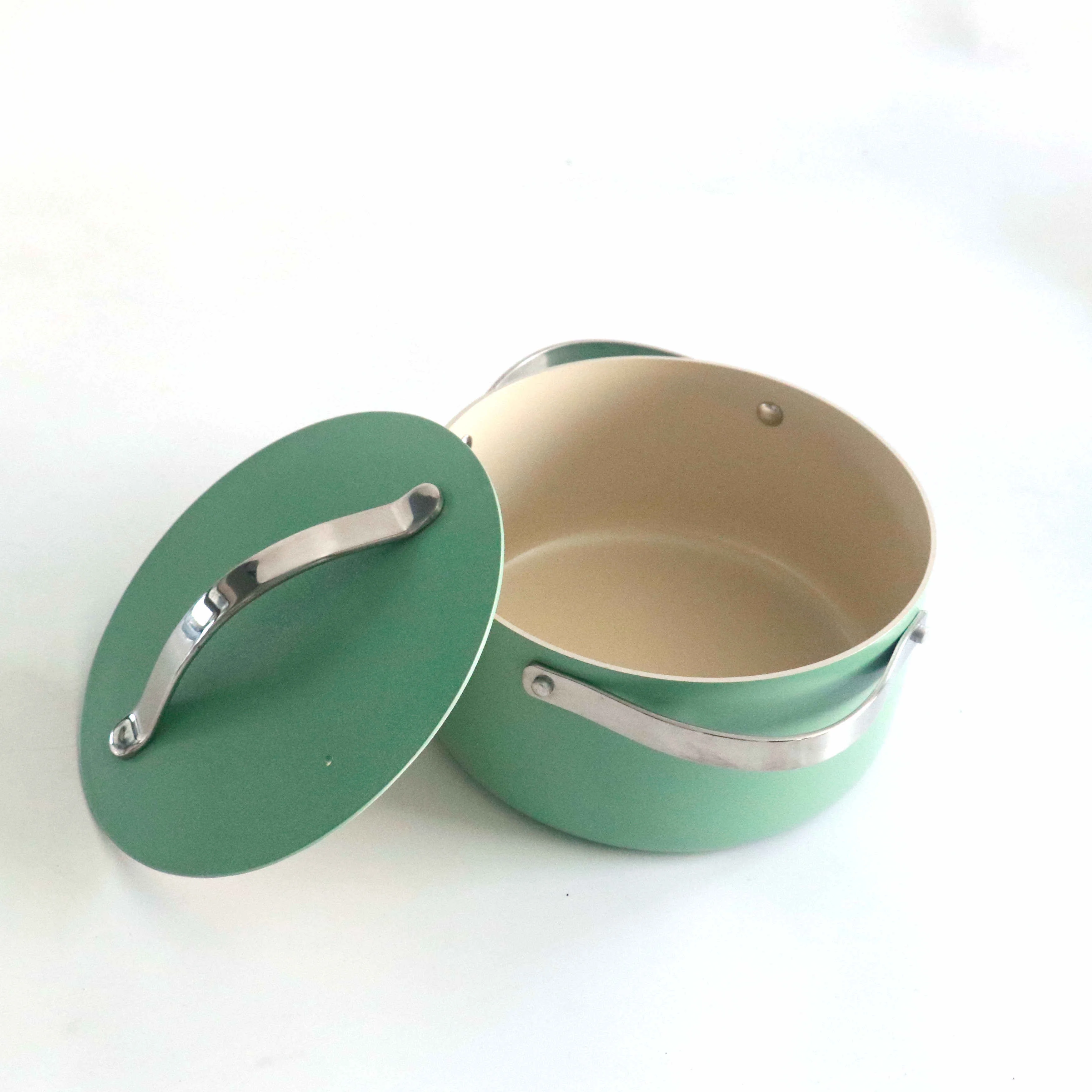 Wholesale Green Color customized Cooking Cookware Milk Pot Stainless Steel Handle Pressed Casserole With Forged Aluminum Cover