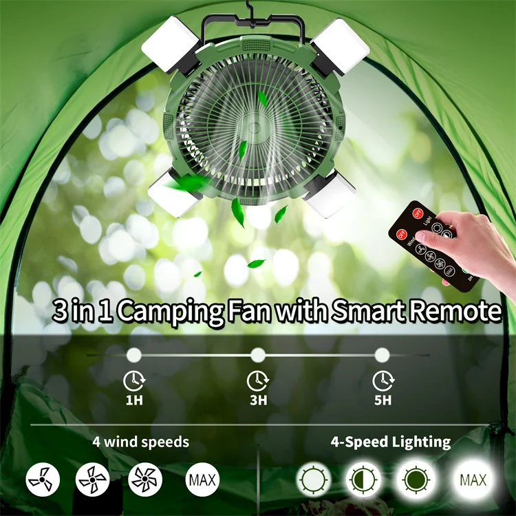 Rechargeable Camping Light Fan with LED Lantern 8000Mah Portable Patio Outdoor Fan