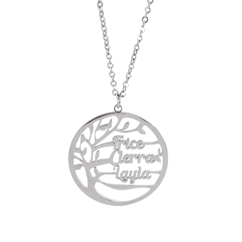 Custom Made Tree of Life Stainless Steel Long  Round Silver Pendants Names Necklace
