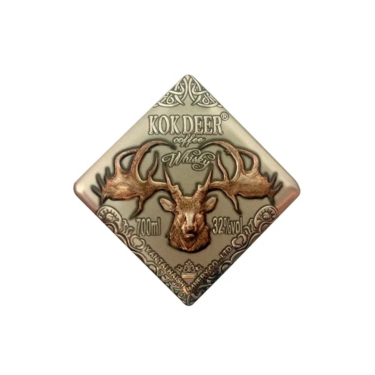 Custom Wine Label Aluminum Metal Sticker Luxury Soft Tin Fish Eagle Goat Deer Whiskey Vodka Labels for bottles Sticker