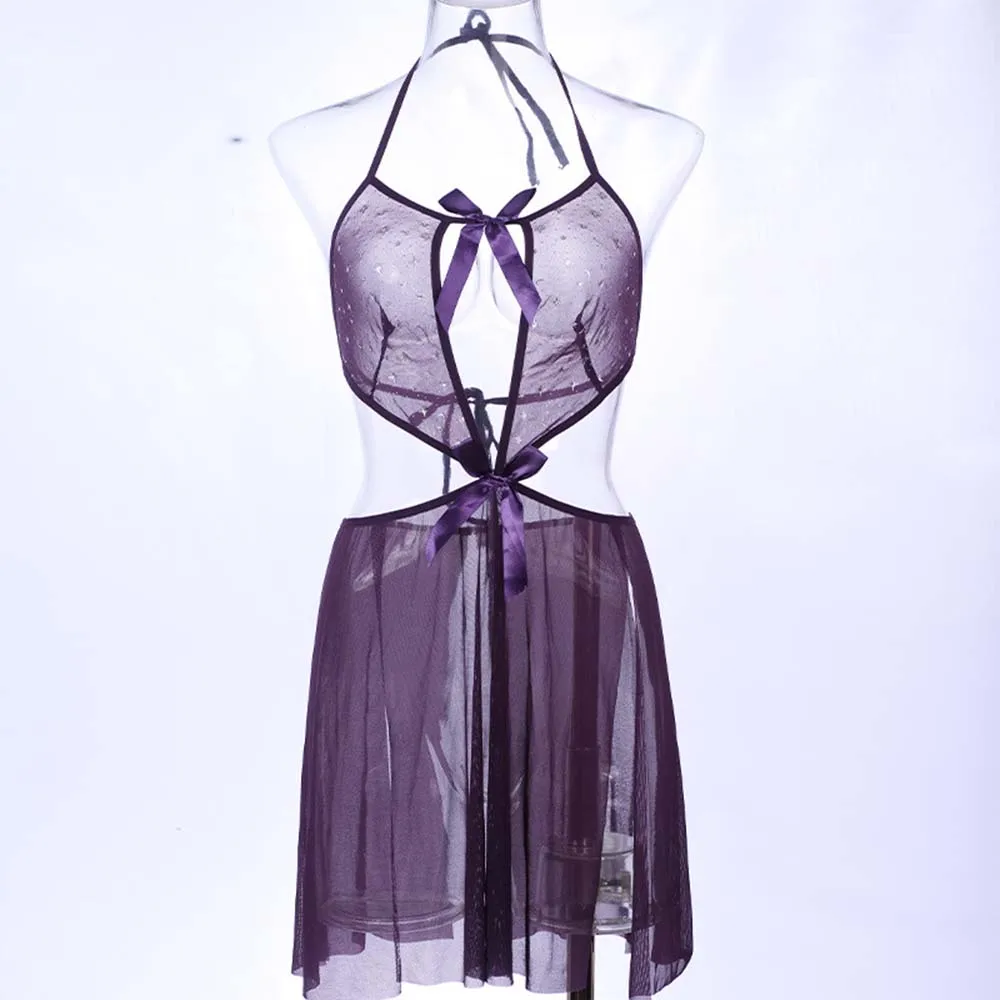 New Luxury Open Front Bow Sheer Mesh BabyDoll Lingerie Pajamas Women Thin Hot Sexy Babydoll Lingerie NightDress