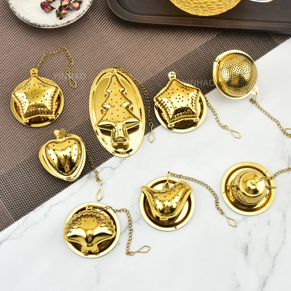 Hot Selling Different Shapes Mesh Tea Filter with Chain and Drip Tray Loose Leaf Tea Steeper Stainless Steel Gold Tea Infuser