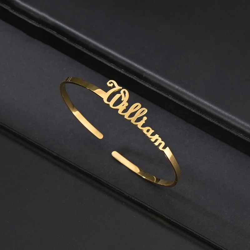 Custom Name Letter Cuff Bracelet Waterproof Opening 18k Gold Plated Stainless Steel Bracelet Bangles Jewelry Women