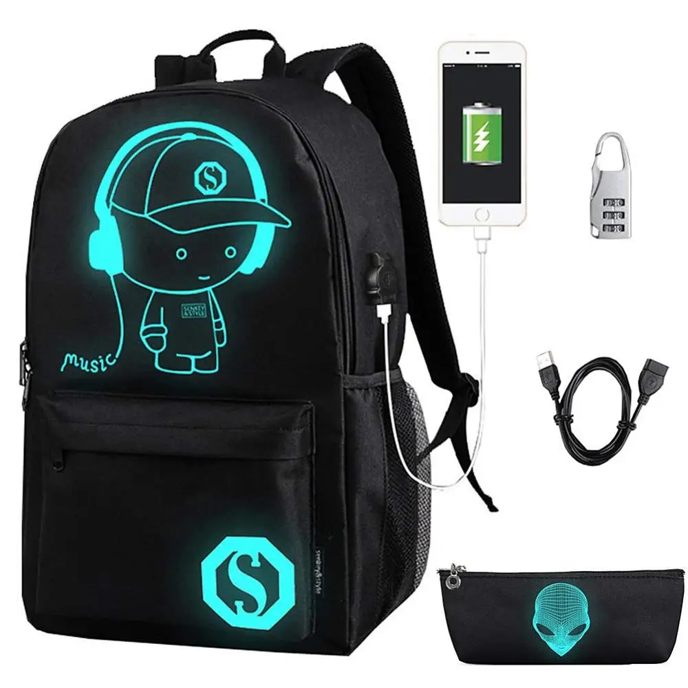 reflective  Back Pack Cartoon Luminous Travel Backpack School Bag with USB Charging Port and Anti-theft Lock