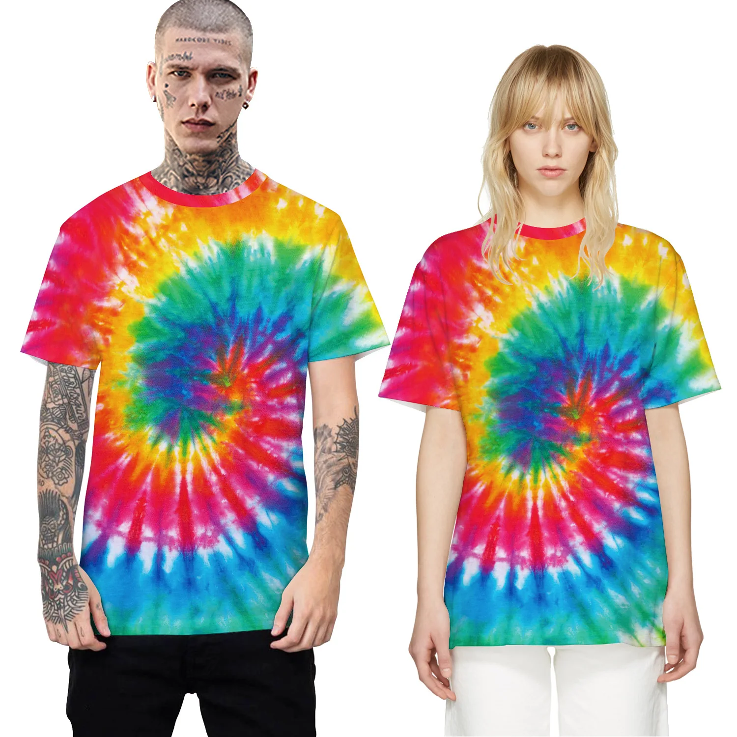 
hot sale collarless O-neck 3D heavy screen print t shirt tie dye 