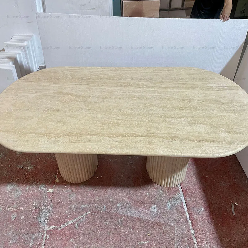 Customized New Modern Furniture Honed Natural Stone Oval Italian Beige Travertine Two Fluted Bases Dining Table