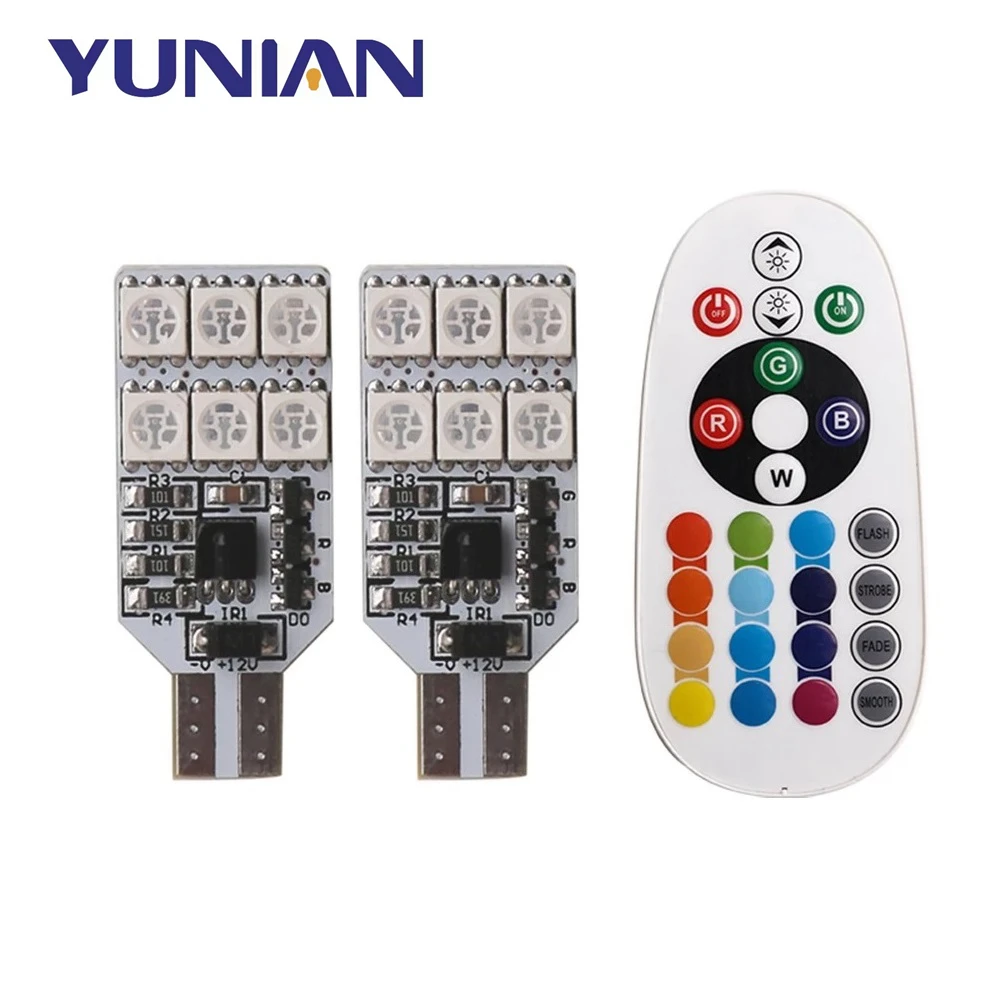12V RGB W5W T10 5050 12SMD Led Lamp Bulbs Auto Dome Reading lights Indicator Door Light Dashboard Lights with Remote Controller