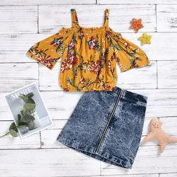 High Quality Floral Suspender Top and Denim Skirt Kids Girl Clothes Set