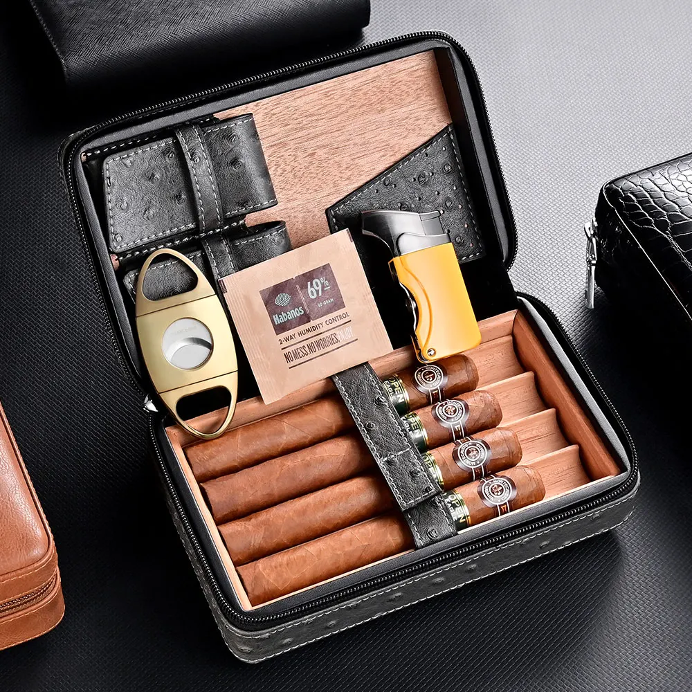 CIGARLOONG Cigar Humidor Cow Leather Set Gift Box Portable Multifunction with Cutter Lighter Drill Moisturizing