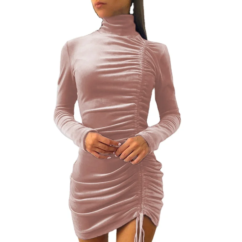 Осень 2021, женское Новое замшевое модное платье с высоким воротником и длинным рукавом для вечеринки