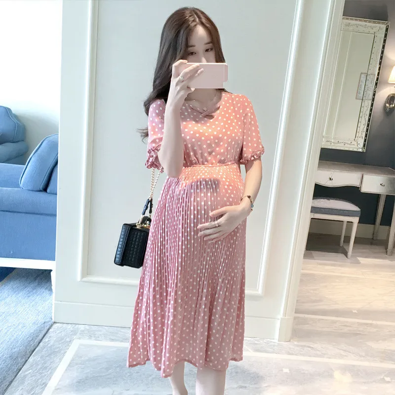 Chiffon Dresses Maternity Clothing For Pregnant Women Short Sleeve V-neck Dot Pregnancy Dress Maternity Summer Dresses