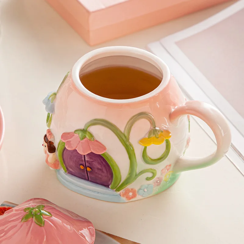 Pink Little Girl Heart Flower House Ceramic Water Cup High Beauty Birthday Gift