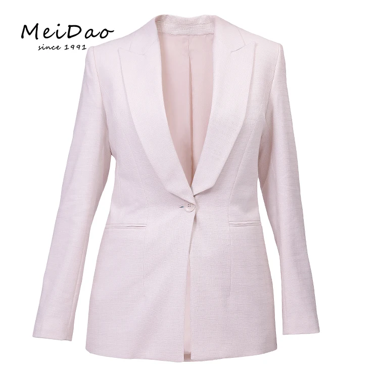 MEIDAO-060069 Single Button Pleated Beige Linen Longline Tailored Blazer For Ladies