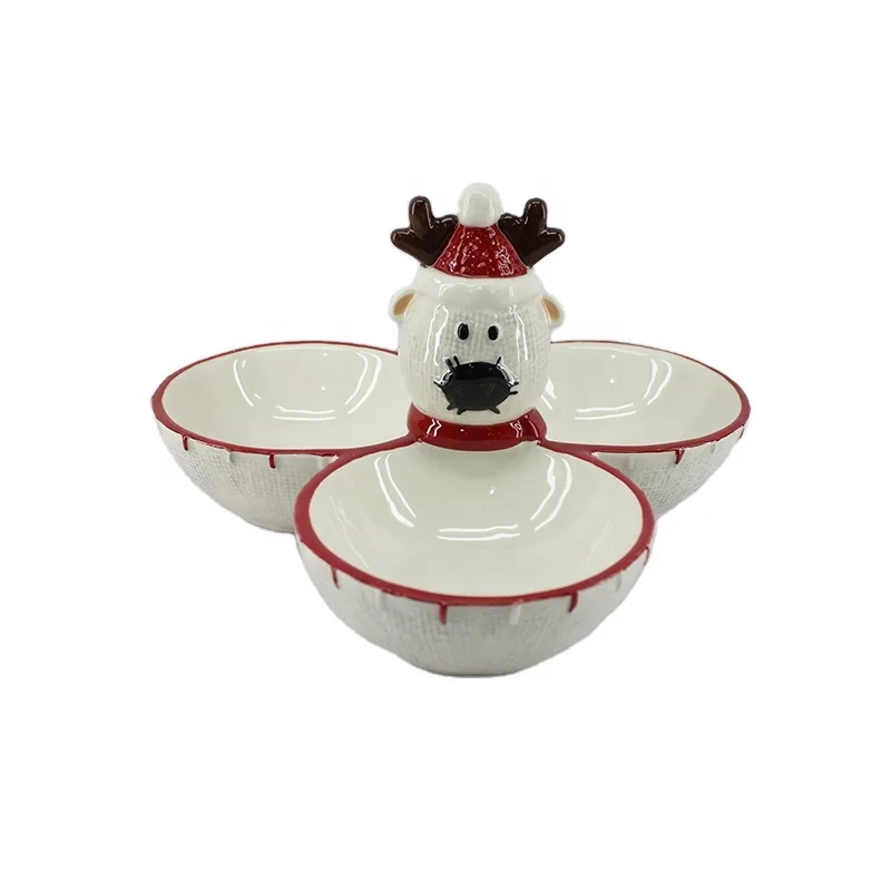 OEM 3d Style tray Kitchenware Ceramic dolomite deer triple Seasoning dish sauce Bowls Tableware for Christmas Holiday