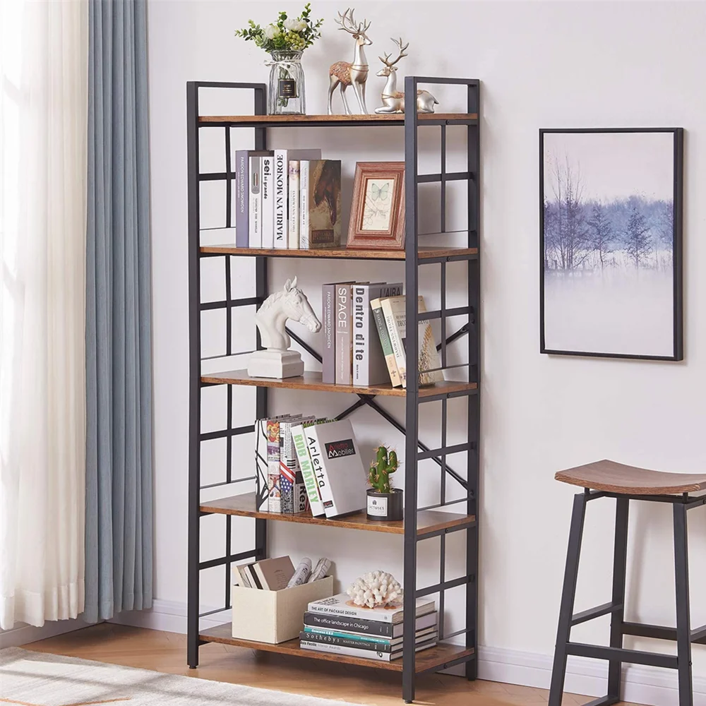 Perfect Industrial Bookshelf 5-Tier Vintage Bookcase and Bookshelves Rustic Wood and Metal Shelving Unit Display Rack Factory