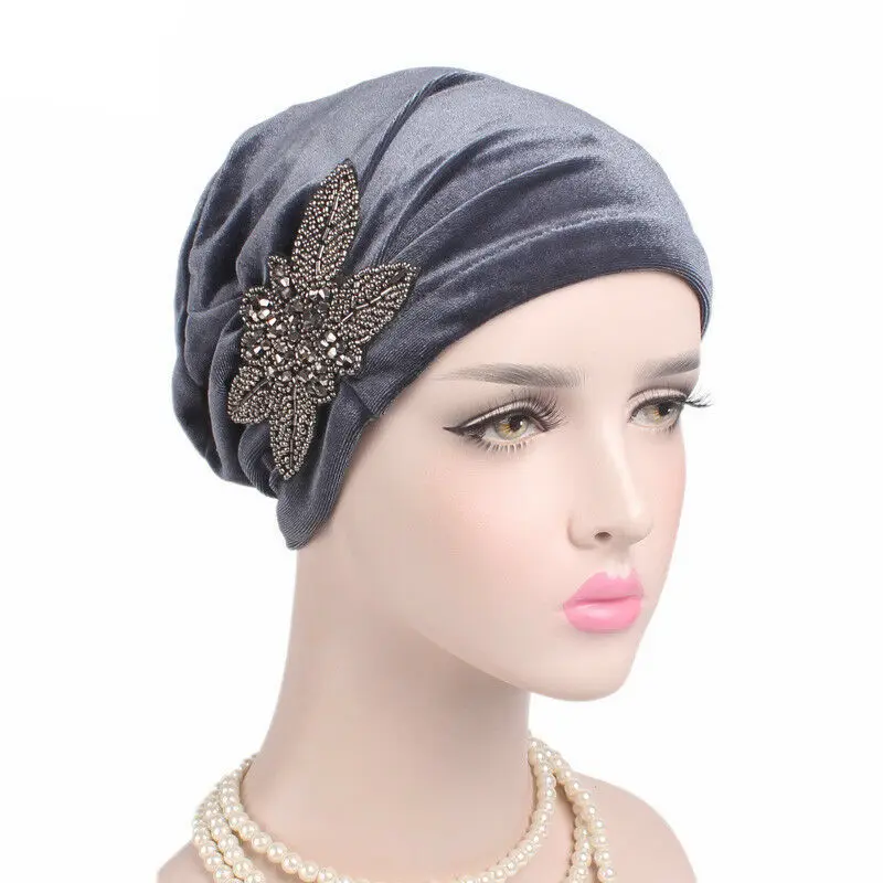 
Muslim Womens Velvet Hand Beaded Turban Cap India Chemo Wrap Headwear Beanie Hat 