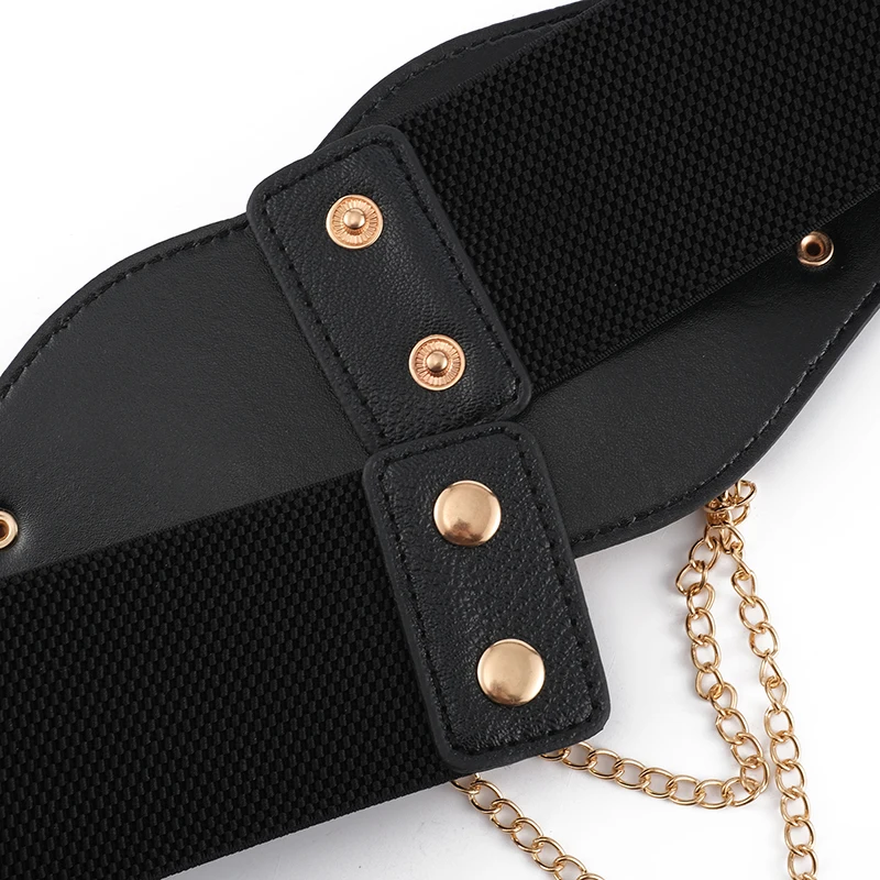 Women Elastic Wide Girdle Double Row Gold Chain Women Dress Belt Fashion Coat Sweater Women PU Belt