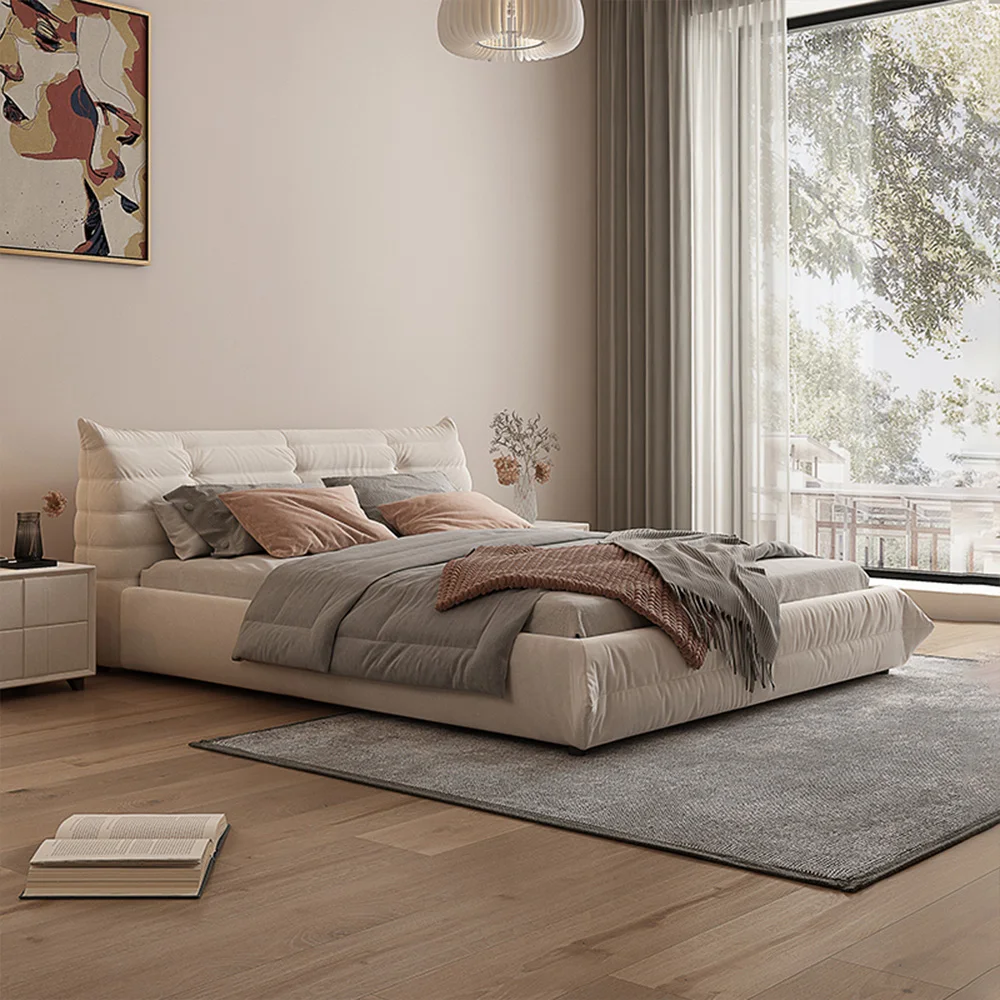 Italian Nordic Queen Size Double White Bed New Design Fabric Platform Wooden King Size Bedroom Furniture With Storage