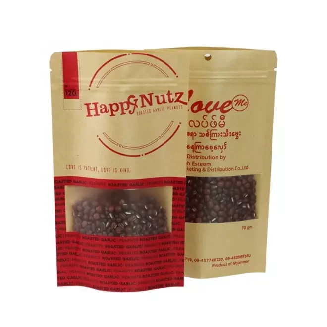 Bolsa kraft Wholesale Custom Window Nuts Cereals Candy Brown Independent Standing Up Pouches Craft Food Packaging