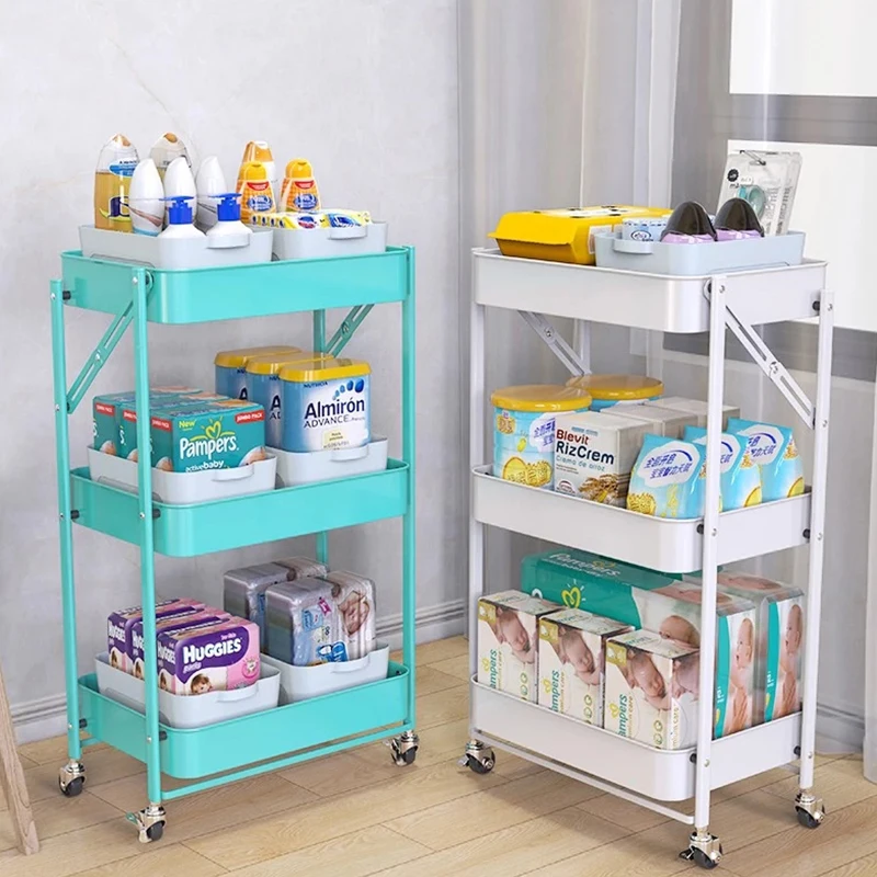 Fashion Metal Rolling Storage Holder Organizer Storage Utility Rack Tool Trolley Multipurpose 3 tier Folding Rolling Cart
