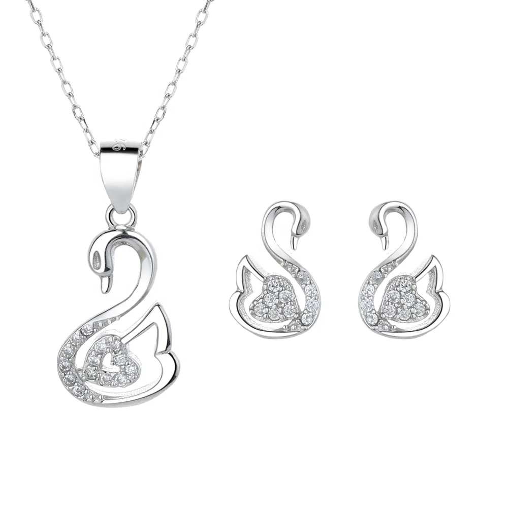Sterling silver 925 glamour fashion jewelry swan pendant necklace earrings