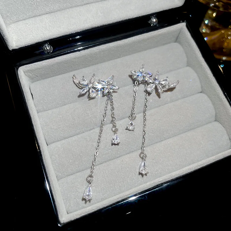 Silver needle super flash full zircon flower fringe earrings ins wind delicate light luxury temperament high se