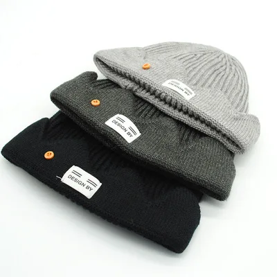 Wholesale fashion knitted grey wool warm beanie winter hat for men fabric label knitted wool hat
