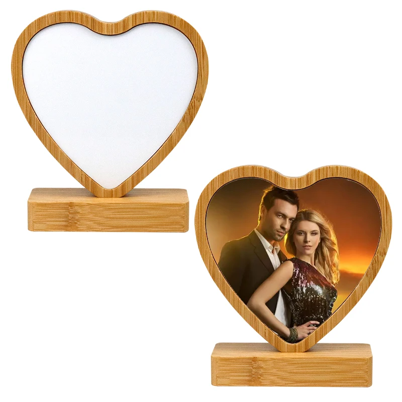 Desk Top 360 Rotate Rhomboid Sublimation Aluminum Photo Frame Magnetic Wood Base Crafts Bamboo Photo Frames with White Box Gifts
