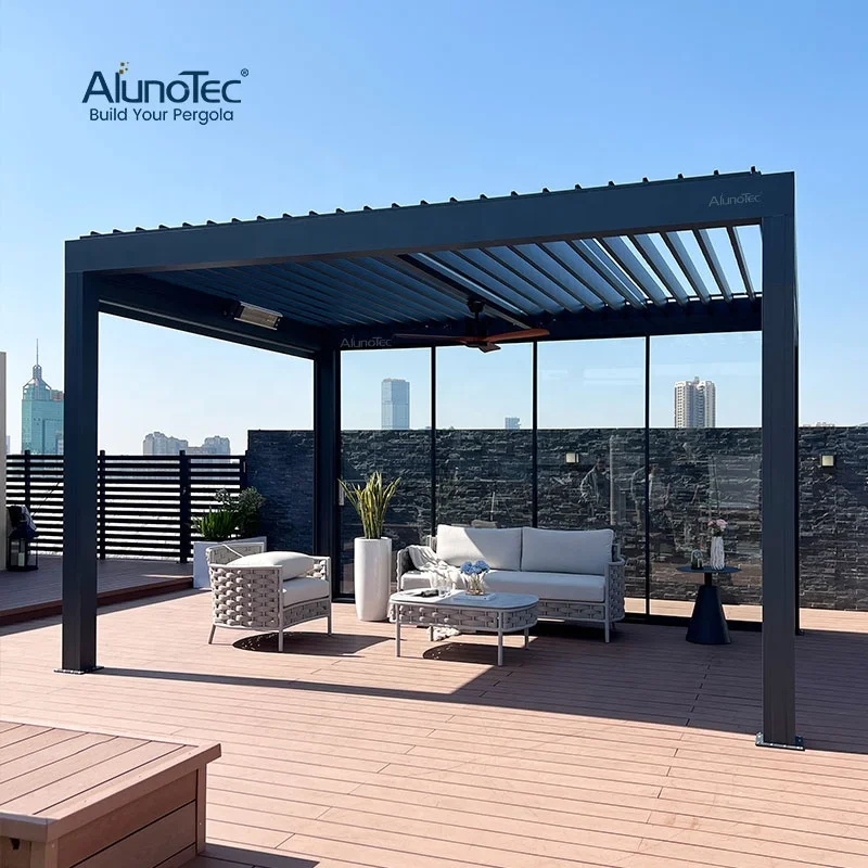 AlunoTec Motorized Garden Shed Bioclimatic Louvre Arches Roof Remote Control Outdoor Pergolas Outdoor Kitchen
