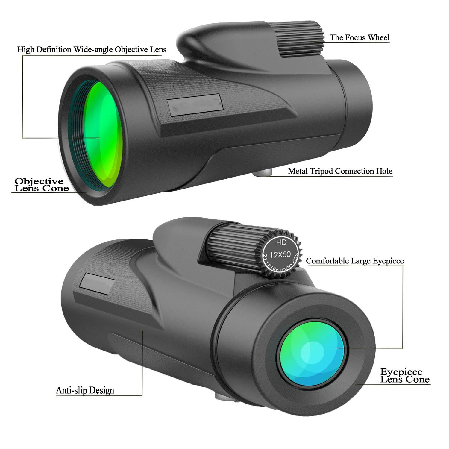 OEM/ODM супер чистый хорошая цена водонепроницаемый Открытый 12x50 HD полноразмерный монокулярный телескоп для катания на