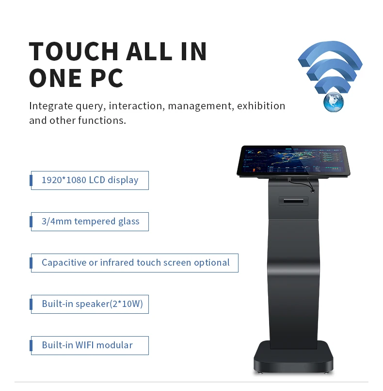 Built-in speaker 2*10w information query machine 21.5 inch ticket printer lcd interactive touch screen kiosk