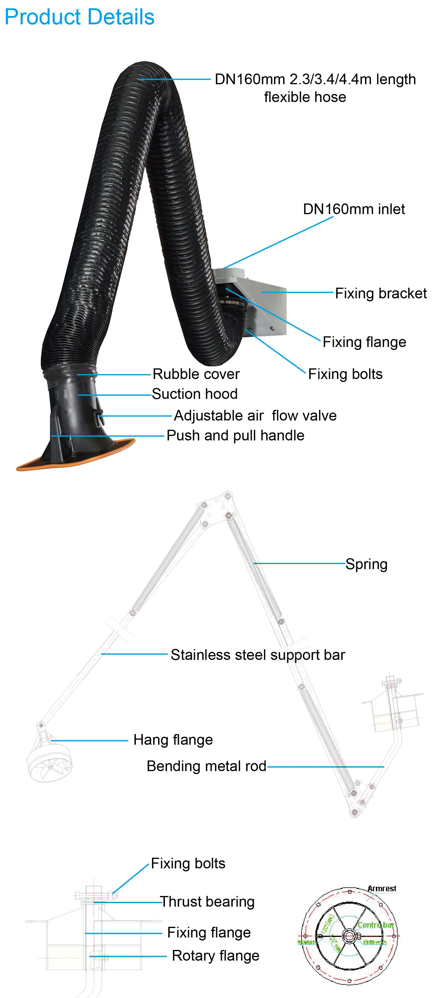 Welding fume and dust flexible extraction arm on the wall-mounted or pillar