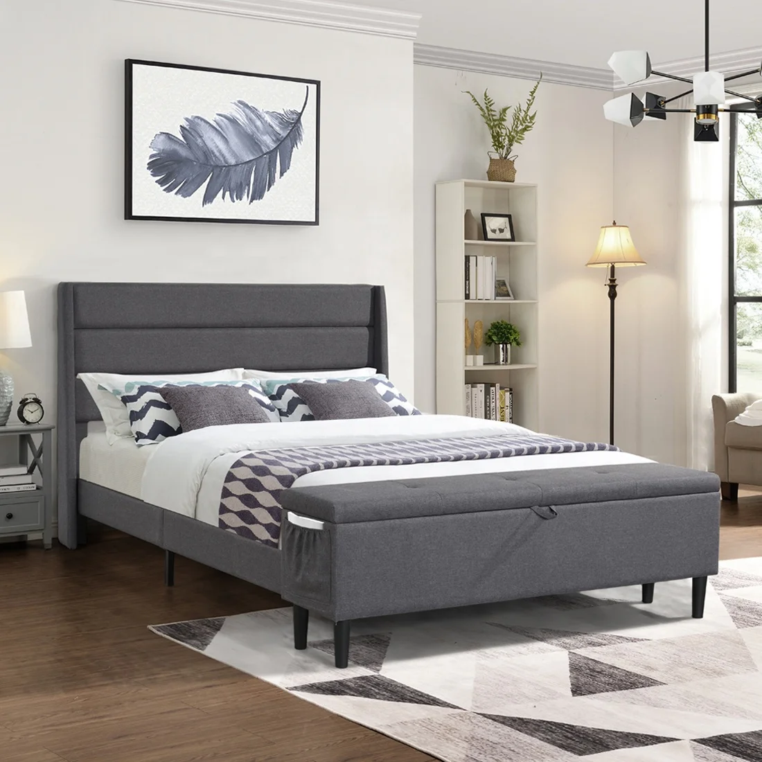 Новейшая трендовая темно-серая деревянная подставка для кровати из льняной ткани с Оттоманской скамейкой