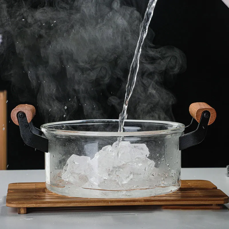 Жаростойкая кастрюля shabu из открытого огня стеклянная для супа боросиликатного стекла с деревянной ручкой оптовая