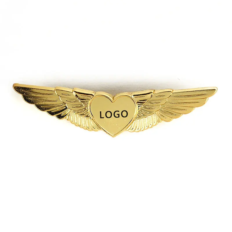 Heart shape logo metal zinc alloy embossed 3d gold plated pilot wings shape aviation airline badges for souvenir