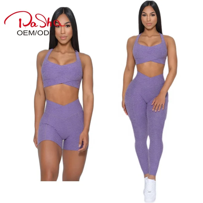 Wholesale Cheapest V Shape Yoga Sets In Stock Sexy Bra Match Shorts Or Leggings With Pocket Crop Top Gym Fitness Active Wear