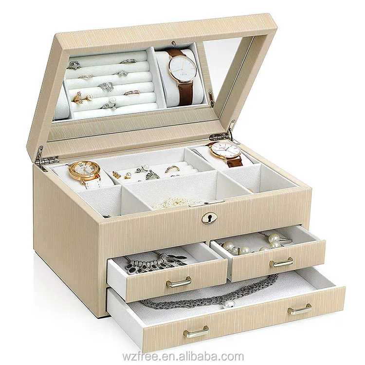 Lockable Jewelry Organizer Fashion Mirror Leather Box 3 Drawers Makeup Case Storage Holders multifunctional portable