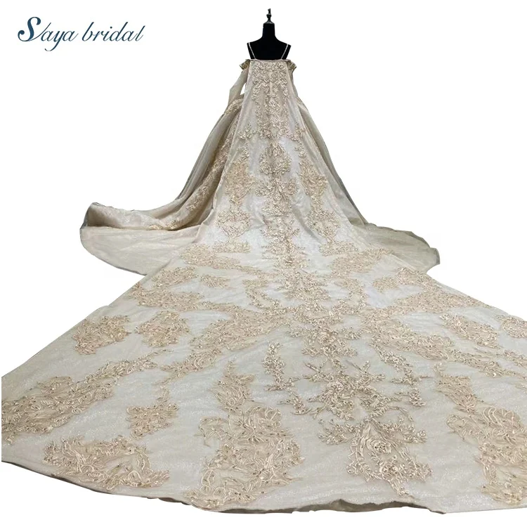 2020 polyester lace fabric golden long sleeves spaghetti strap floor length chapel train bridal wedding ball gowns