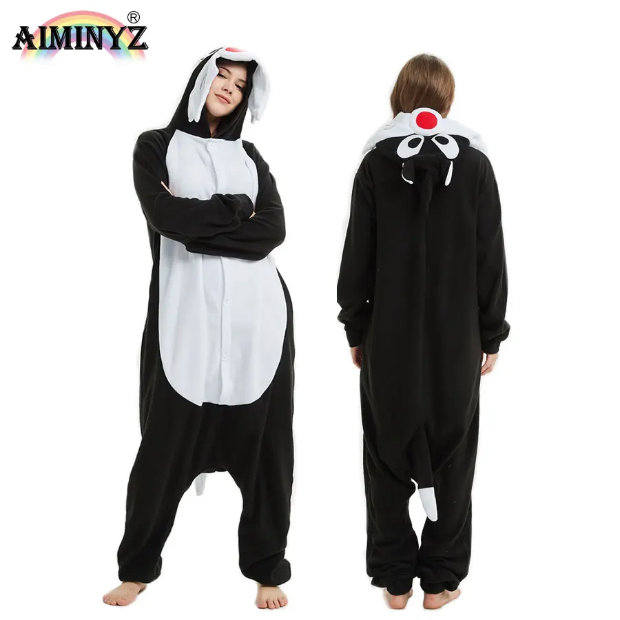 AIMINYZ Winter Animal Pyjamas Polar Fleece Hoodie Sleepwear Pajamas For Women Wolf Black Adult In stock Onesie Loose Costume