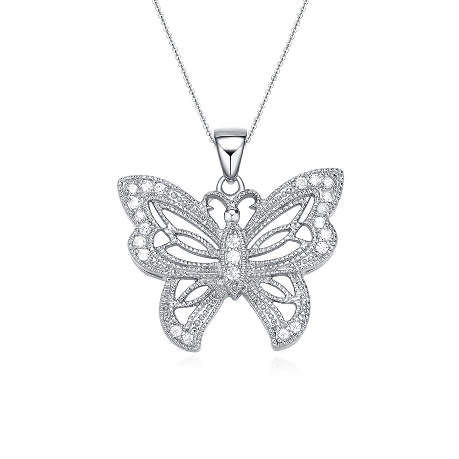 Fashion  Cz  Platinum Plated  Jewelry 925 Sterling Silver Charm  Cubic Zirconia  Hollow Butterfly Pendant Necklace
