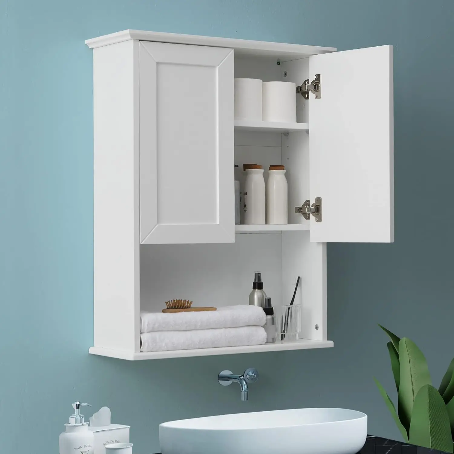 Bathroom Wall Cabinet Wooden Medicine Cabinet Buffering Hinge MDF Material Over Toilet Storage 23x29