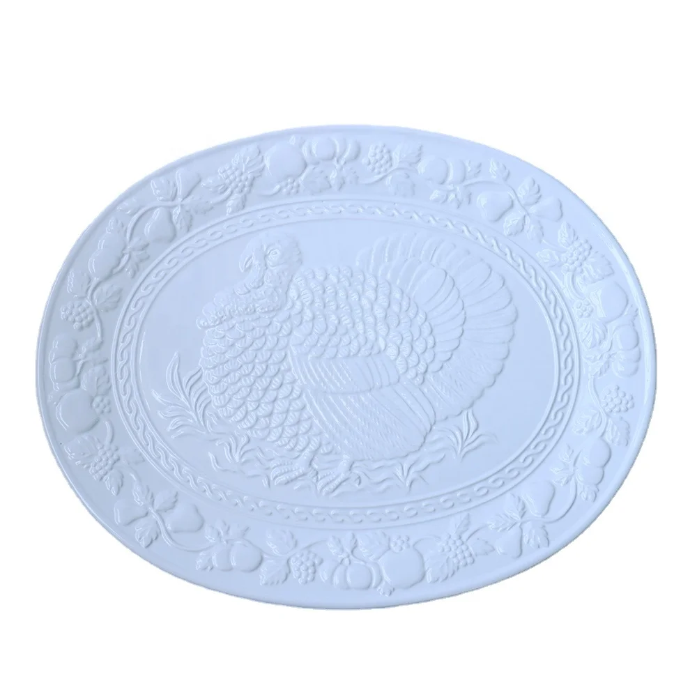 Microwave Safe Embossed Design Dolomite Oval Charger Platter Ceramic turkey Plate