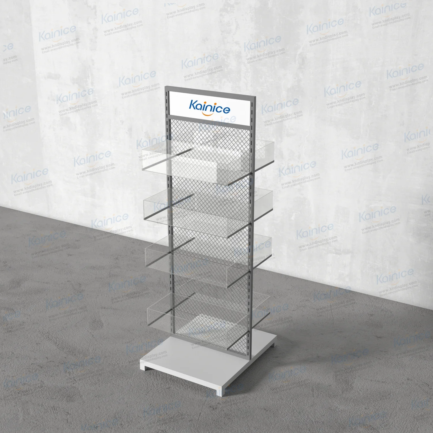 Kainice Floor Wire Mesh Display Net Rack Hook Hanging Grid Floor Stand Retail Shop Metallic Display Racks Product Display Stand